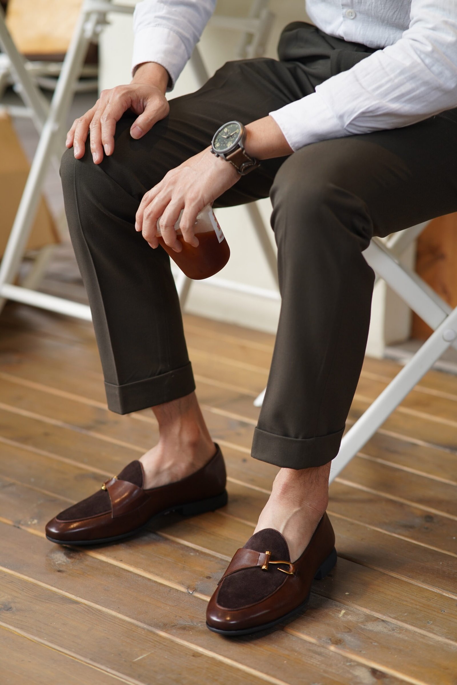 Brown Two-Tone Leather & Suede Designer Bit Loafers for Men - Image 7